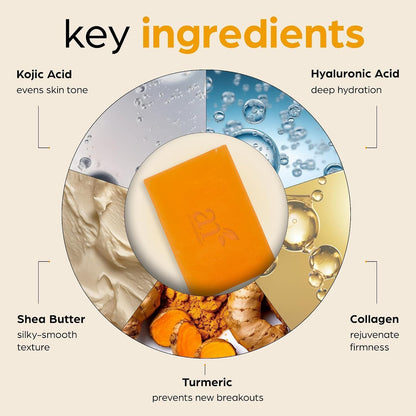 Kojic Acid Soap + African Net Sponge (2 pack X 142g Turmeric bars) Dark spot remover, Hyperpigmentation &amp; Scars - Original Japanese Complex Vitamin C, Hyaluronic Acid, retinol, shea butter (Citrus)