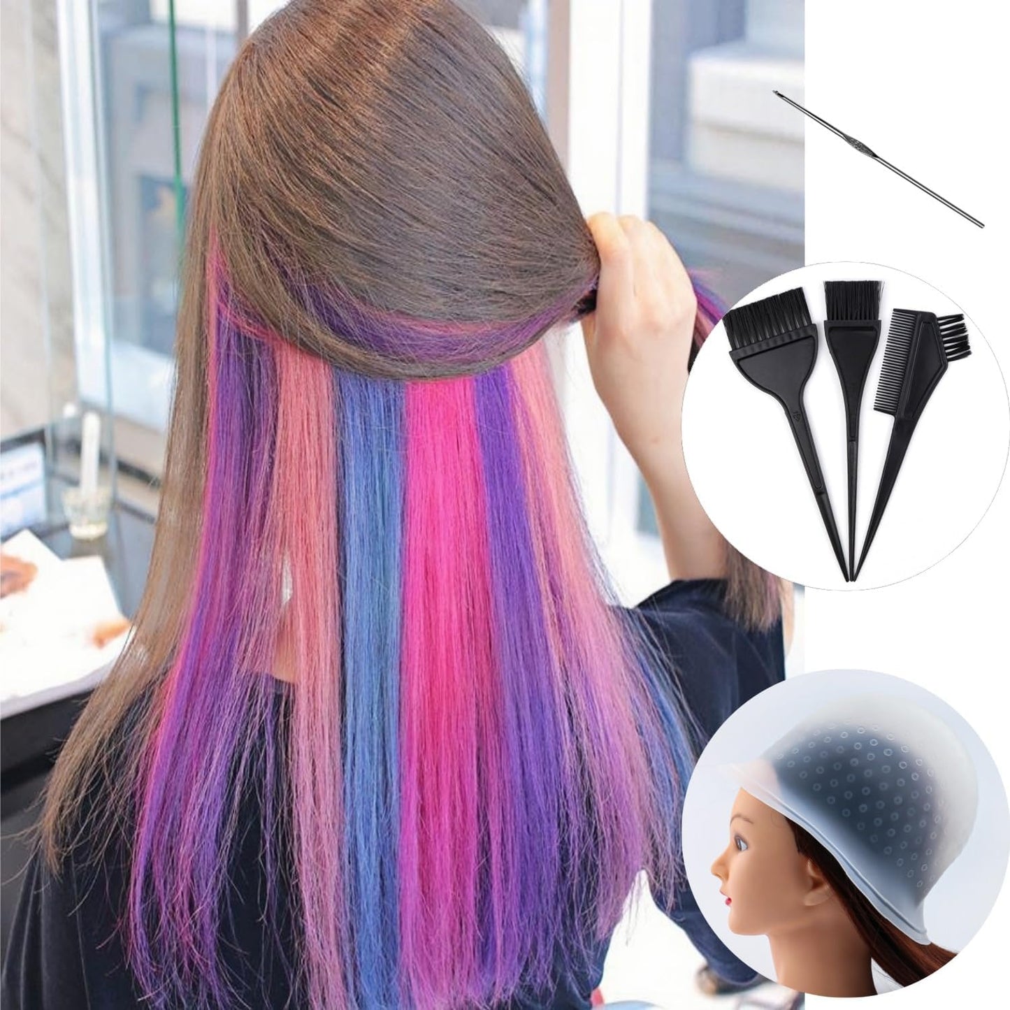 Silicone Highlight Hair Cap with Hole Position, Professional Reusable Hair Coloring Cap with Crochet and Brushes, Salon Hairdressing Dyeing Tools for Women Men