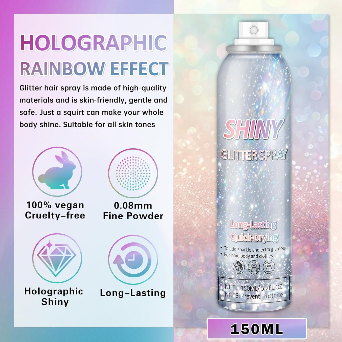 Body Glitter Spray Holographic Glitter Spray for Hair Body, Long-Lasting Shiny for Festival Prom Party-5.2 Fl Oz, Rainbow Sliver
