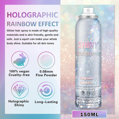 Body Glitter Spray Holographic Glitter Spray for Hair Body, Long-Lasting Shiny for Festival Prom Party-5.2 Fl Oz, Rainbow Sliver