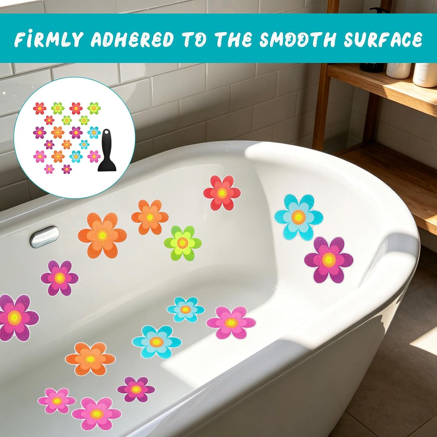 Flower Design Shower Floor Non Slip Bath Stickers, 20PCS Bathroom Safety Stickers with Scraper Tool, 11.5cm and 8cm Diameter