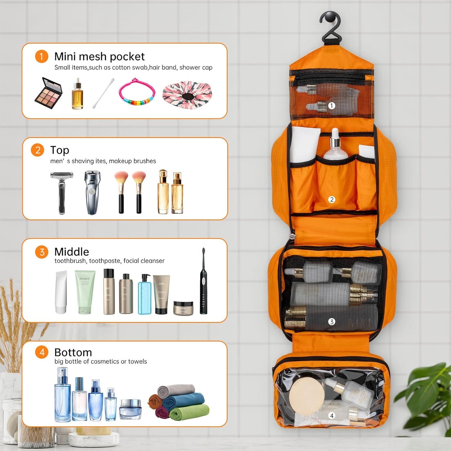 Hanging Toiletry Bag Waterproof, Large Man Wash Bags for Men, Travel Toiletry Bag Folding Portable Toiletries Bag for Men &amp; Women with 4 Compartments, Orange, 28 x 12 x 21cm