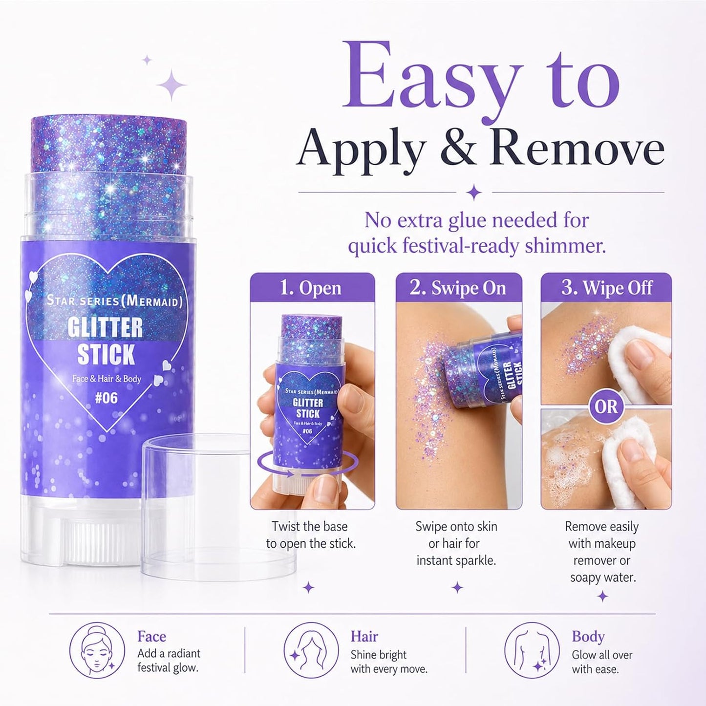 Mermaid Body Glitter Stick, Purple Sparkly Hair Face Glitter Gel Makeup for Women, Holographic Mermaid Glitters Face Paint Stick for Lip, Nail Festival Essentials Halloween Rave Outfit Accessories