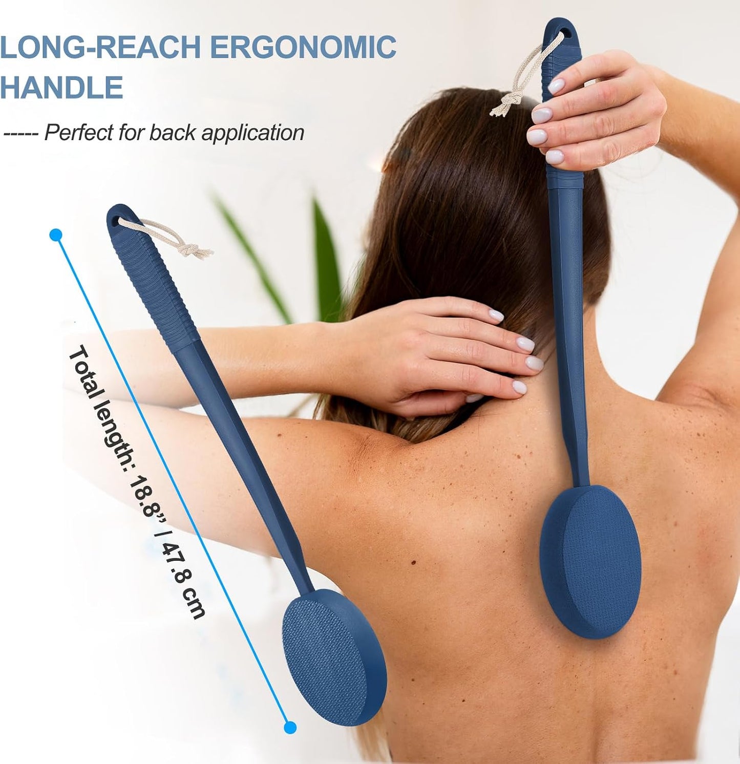 Lotion Applicator for Back, Feet &amp; Legs with Long Plastic Handle, Back Moisturizer Cream, Self Tanning, Sunscreen, Ointment, Medicine Applicator for Elderly, Men or Women with 3 Washable Pads (Blue)