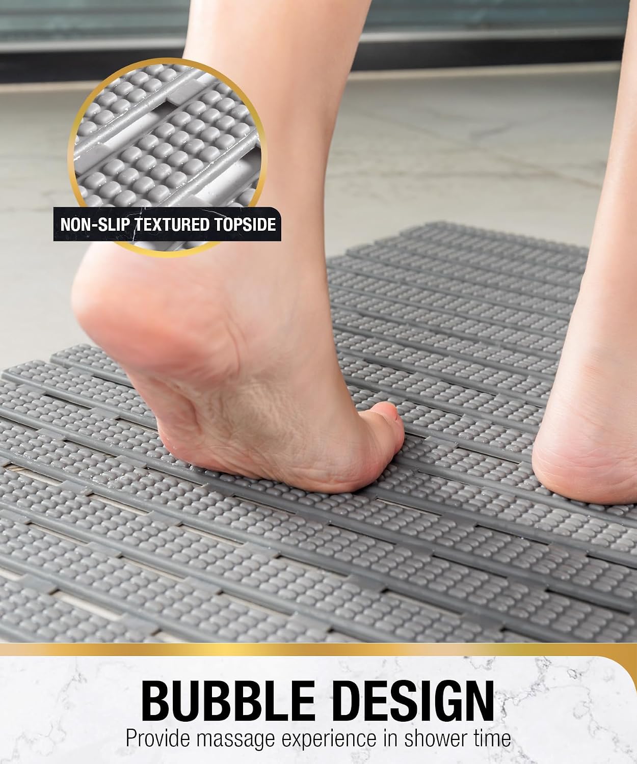 HITSLAM Bath Mat Non Slip Anti Mould, 68x38CM Shower Mats for Inside Shower, Quick Drain TPE Bathtub Mat with Suction Cups, Bathroom Accessories, Durable &amp; Comfortable, Grey