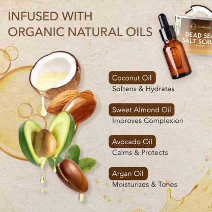 O Naturals Coconut Exfoliating Body Scrub with Dead Sea Salt &amp; Almond Oil - Natural Salt Scrub for Smooth Skin - Hydrating Body Exfoliator