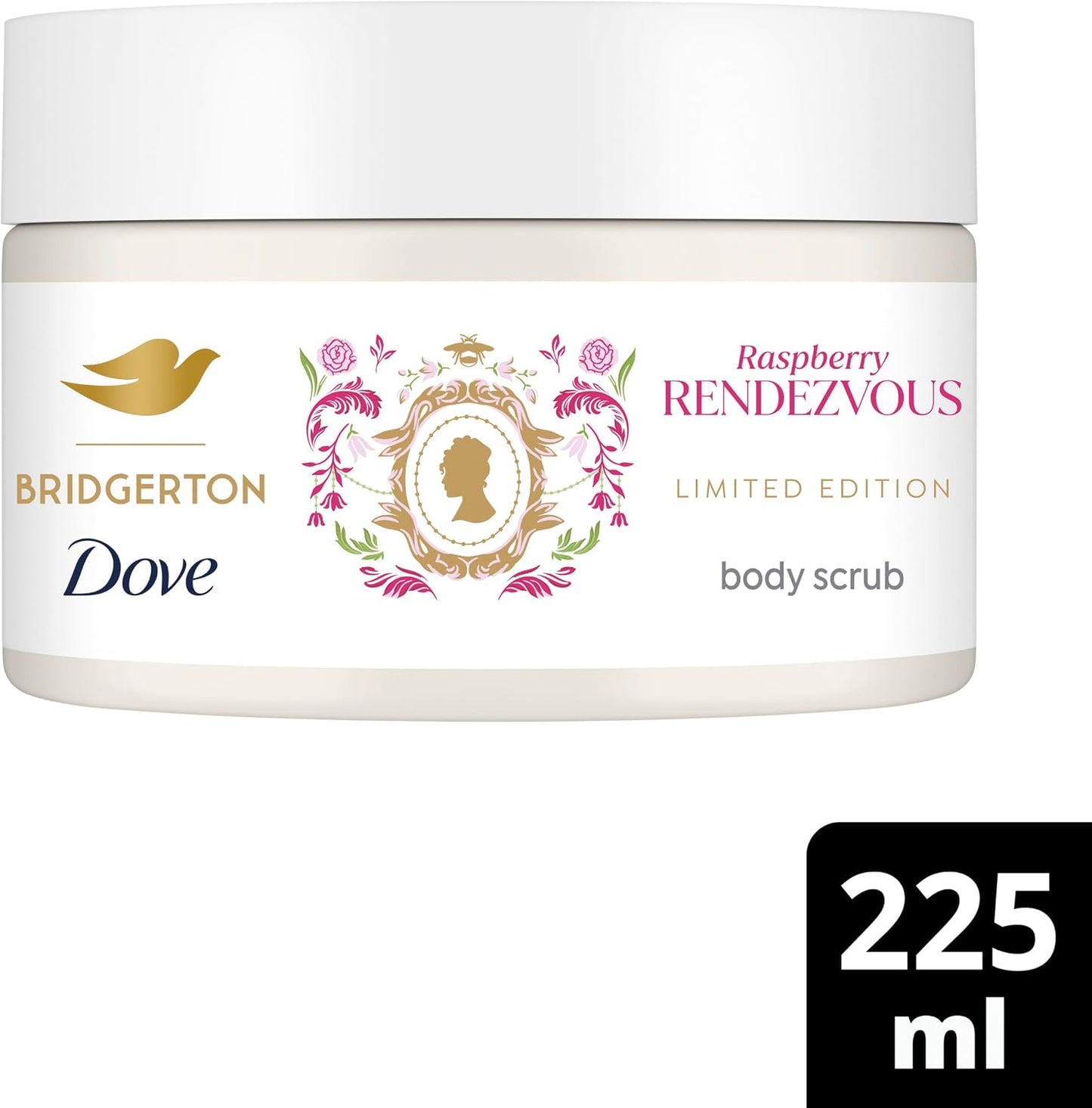 Dove Limited Edition Bridgerton Raspberry Rendezvous Body Scrub exfoliating scrub with a raspberry &amp; rose tart scent for deep nourishment 225 ml