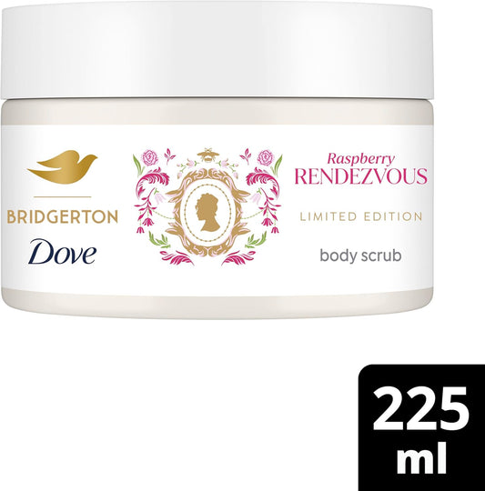 Dove Limited Edition Bridgerton Raspberry Rendezvous Body Scrub exfoliating scrub with a raspberry &amp; rose tart scent for deep nourishment 225 ml