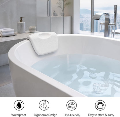 Bath Pillow Waterproof – 3D Ergonomic Bath Headrest for Head and Neck Support, Non-Slip Bathtub Pillow with Suction Cups, Luxury Bath Cushion Bathroom Accessories for Tub Relaxation - White