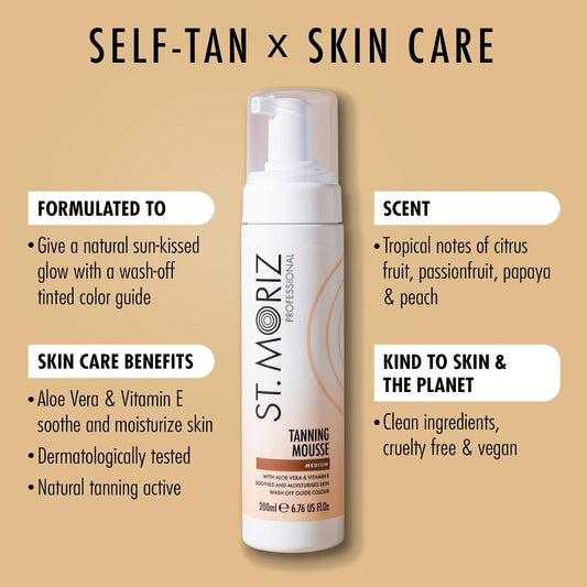 St Moriz Professional Instant Tanning Mousse in Medium | Fast Drying Vegan Fake Tan | With Aloe Vera &amp; Vitamin E | For Streak Free Medium Golden Glow | Dermatologically Tested &amp; Cruelty Free | 200ml