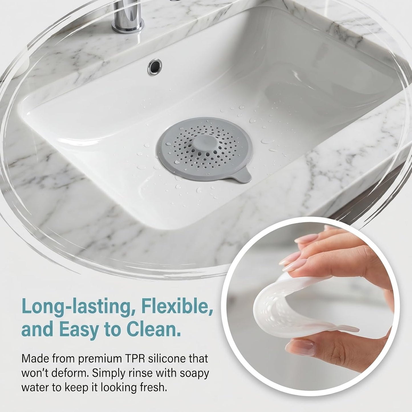 2 Pack Silicone Shower Drain Hair Catcher with Strong Suction Cup, Universal Sink Strainer Protector, Bathtub Plug Hole Cover Hair Stopper Trap for Bathroom Kitchen Sink (White + Grey)