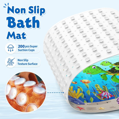 XIYUNTE Baby Bath Mats Non Slip Anti Mould - 100x40cm Extra Long Non Slip Bath Mat for Kids, Eco-Friendly Toddler Bath Mat with Suction Cups for Secure Grip, Easy to Clean &amp; Easy Drying, Sea Turtle