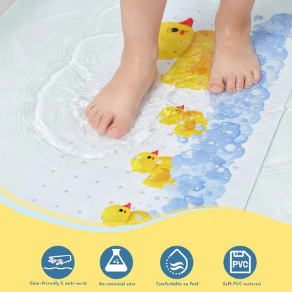 Bath Mat Non Slip Cute Yellow Duck - 100x40cm Extra Long Kids Bath Mat Anti Mould, Machine Washable Toddler Shower Mat with Suction Cups for Secure Grip, Easy Clean &amp; Fast Drying