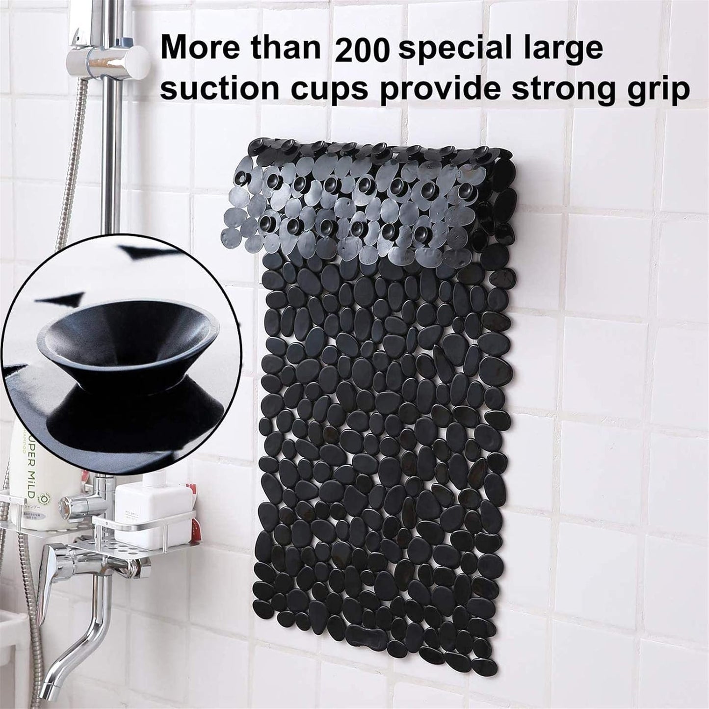 Marsheepy Non-Slip Pebble Bath Mat,Extra Long Anti Slip Bathtub Shower Mat with Suction Cups and Drain Holes for Bathroom,Machine Washable,40 x 88 CM,Black
