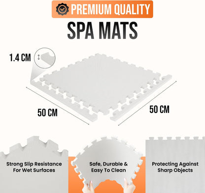 EVA Foam Hot Tub Mat | White Non-Slip Interlocking Pool Mats | 50 x 1.4 cm Waterproof Outdoor Mats for Hot Tub, Spa &amp; Paddling Pool | Pack of 25