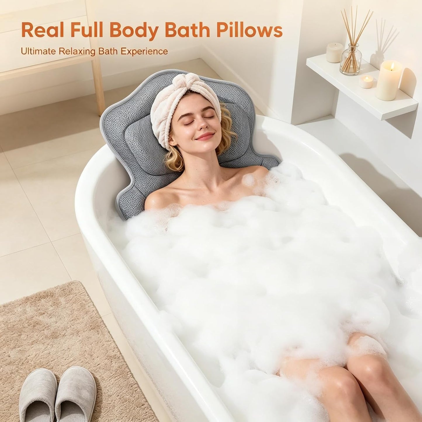 Bath Pillow with Extra Lumbar Cushion – 144 Suction Cups (12x More Hold!) 4D Soft Bath Pillows for Head and Neck, Large 133 x 41 cm Bath Cushion for Bathtub, Includes Wash Bag
