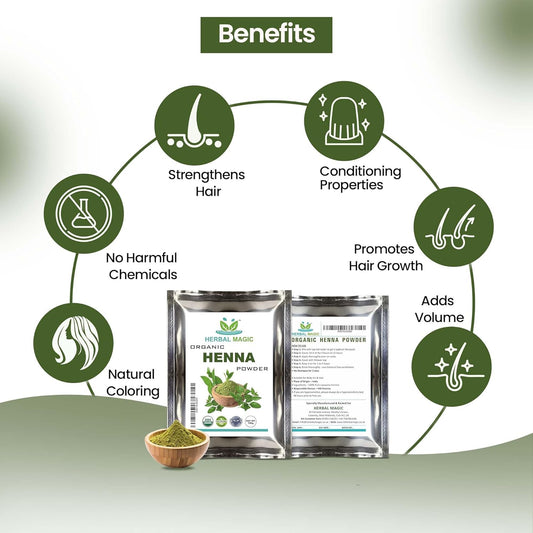 Herbal Magic Organic Henna Powder (100g) + Organic Indigo Powder(100g) for Hair Dye, USDA ,Chemical Free Hair Coloring, Natural Hair Mask, Combo Pack ,Premium Quality