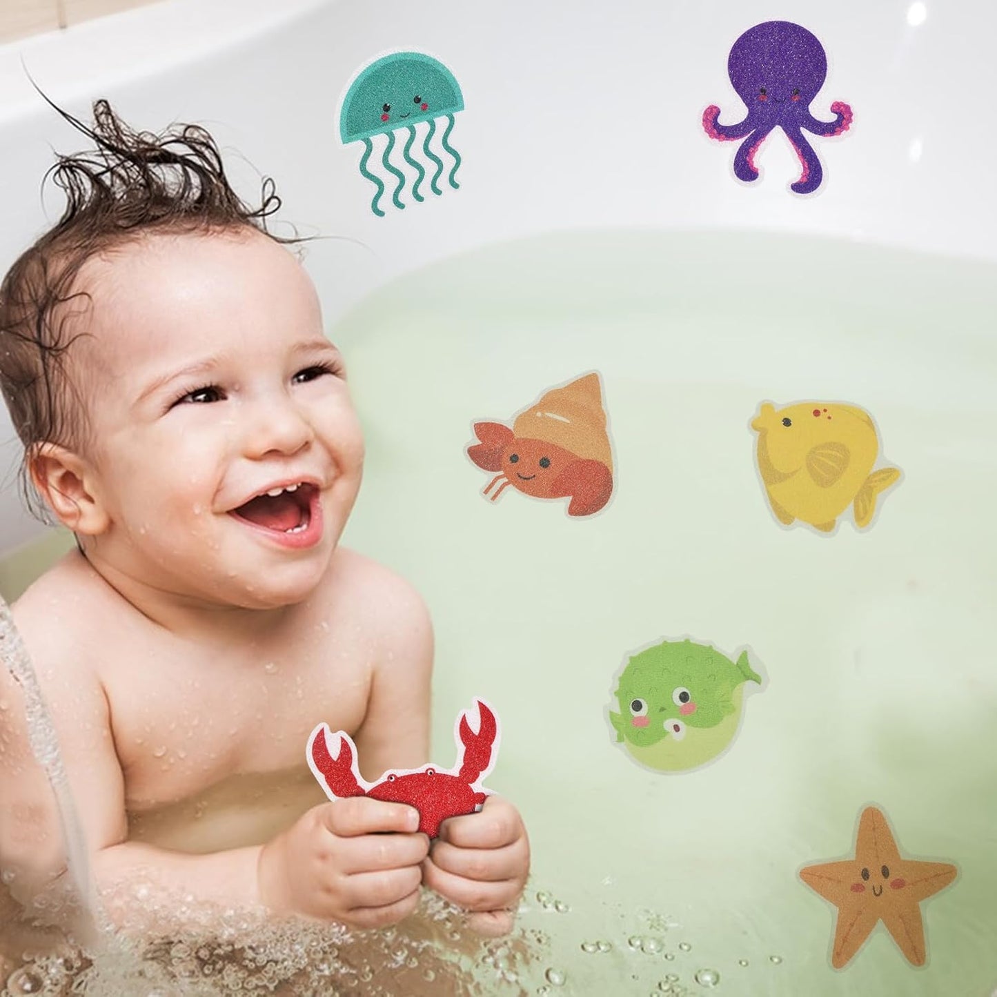 Non-Slip Stickers Pack of 10, Self-Adhesive Non-Slip Stickers for Bathtub and Shower, Child-Friendly Cartoon Sea Design, for Bathtub and Bathroom Floor