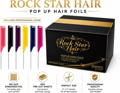 EMBOSSED POP UP LIGHLIGHTING FOILS WITH !!! FREE !!! ANTI STATIC WEAVING COMB silver FOILS for highlights, balayage, hairdressing foils no slip extra tough embossed texture NO NEED TO CUT FOILS