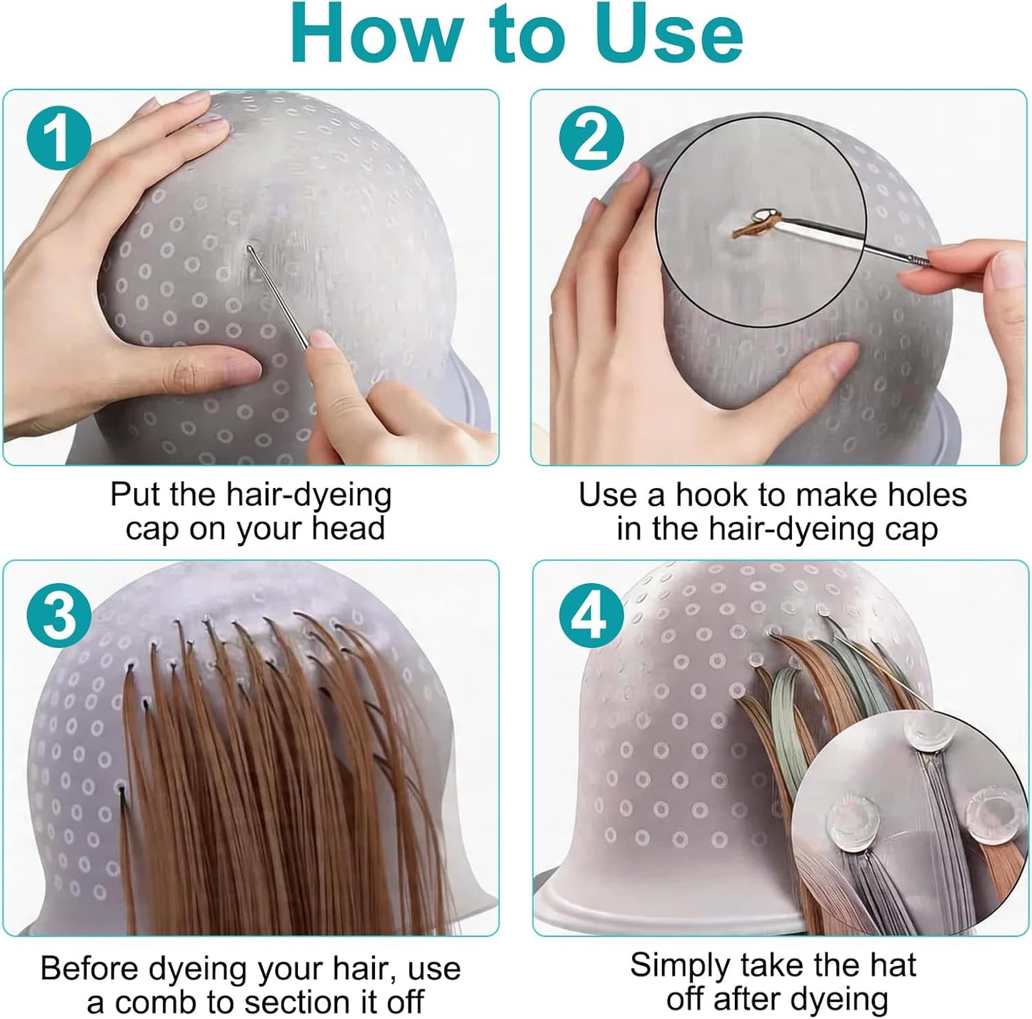 Pre Punched Silicone Highlighting Caps with Hook, Reusable Hair Color Brush Set, Professional Salon Hairdressing Dyeing Tool Kit for Women &amp; Men, Easy to Clean &amp; Use
