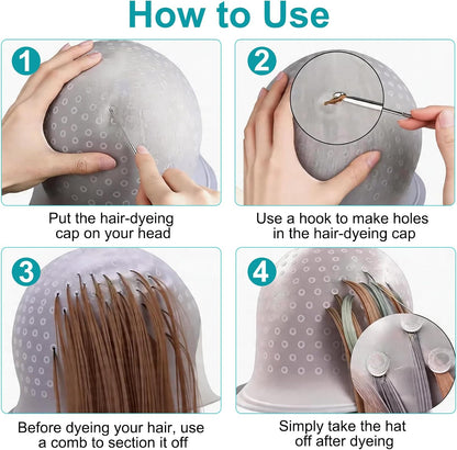 Pre Punched Silicone Highlighting Caps with Hook, Reusable Hair Color Brush Set, Professional Salon Hairdressing Dyeing Tool Kit for Women &amp; Men, Easy to Clean &amp; Use