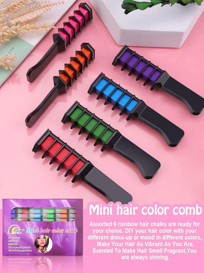Kalolary 6 Colors Hair Chalk Comb, Temporary Hair Dye DIY Paint Non-Toxi Washable Hair Dyeing Comb for Carnival Birthday Halloween Christmas Cosplay Party Valentine's Day