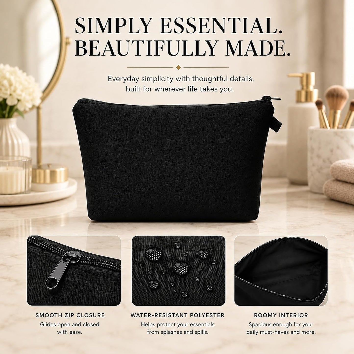 FAVORTALK Makeup Bag Travel Toiletry Organiser Women Men Make Up Storage Black Large Toiletry Bag with Waterproof Cosmetic Bag for Travel Vanity Shower Bathroom Gym Yoga -B0883