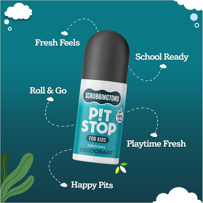 Scrubbingtons Pit Stop Kids Deodorant Natural Roll On For Children, Teens. Made in UK, 98% Natural Ingredients For Sensitive Skin. Paediatrician approved, Aluminium &amp; Alcohol Free, Original, 75ml