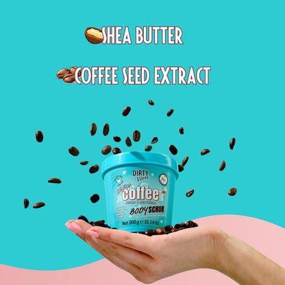 Dirty Works But First Coffee Body Scrub 300g – Exfoliating Caffeine-Infused Scrub with Argan Oil &amp; Shea Butter for Smooth, Revitalised Skin, Indulgent Chocolate Scent, Vegan