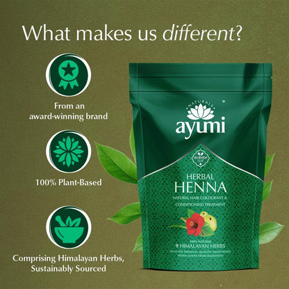 Ayumi Herbal Henna Powder with 9 Himalayan Herbs | Bhringraj Powder | Hibiscus | Brahmi | Nourishing Natural Hair Dye, Dandruff Control |Reducing Itchiness Henna Hair Dye for Men &amp; Women |150g