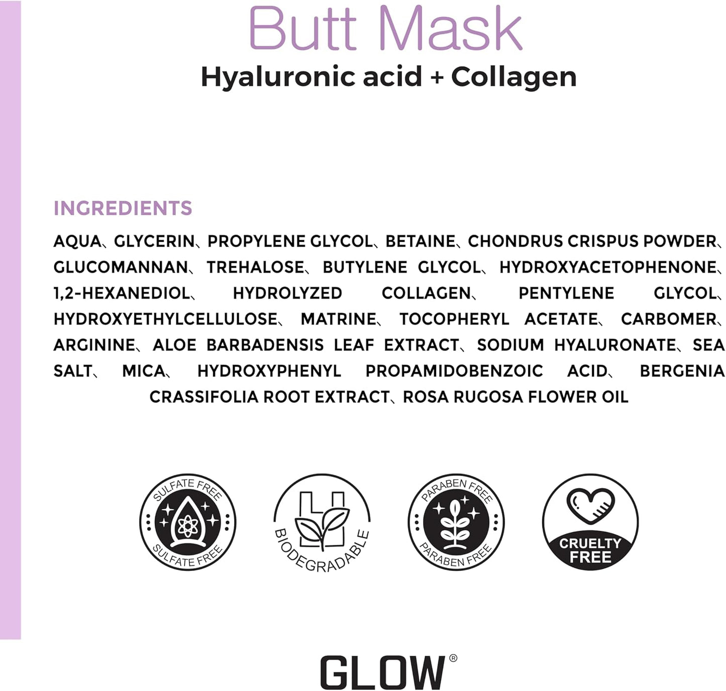 GLOW Butt Mask for Buttocks with Hyaluronic Acid &amp; Collagen - Hydrating, Soothing &amp; Moisturising Hydrogel Body Mask, 1 Mask Sheet