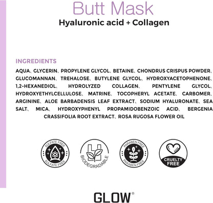 GLOW Butt Mask for Buttocks with Hyaluronic Acid &amp; Collagen - Hydrating, Soothing &amp; Moisturising Hydrogel Body Mask, 1 Mask Sheet
