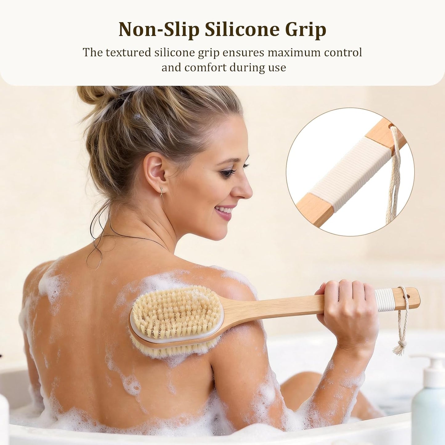 Back Scrubber with Long Handle 43CM - Double Sided Body Brush for Use in Shower &amp; Dry Brushing, Exfoliating with Soft &amp; Firm Bristles for Shower, Back, Feet Men &amp; Women, Seniors