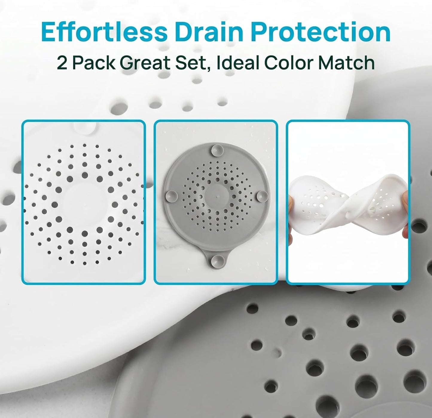 2 Pack Silicone Shower Drain Hair Catcher with Strong Suction Cup, Universal Sink Strainer Protector, Bathtub Plug Hole Cover Hair Stopper Trap for Bathroom Kitchen Sink (White + Grey)