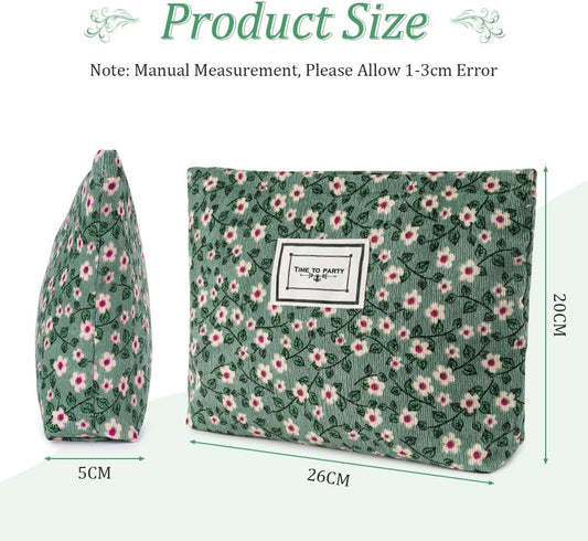 Aucuu Cosmetic Bags for Women, Small Floral Canvas Cosmetic Bag, Rose Flower Printing Corduroy Toiletry Bag, Multifunctional Travel Makeup Bag with Metal Zipper for Women Girls Gift - Green Flower
