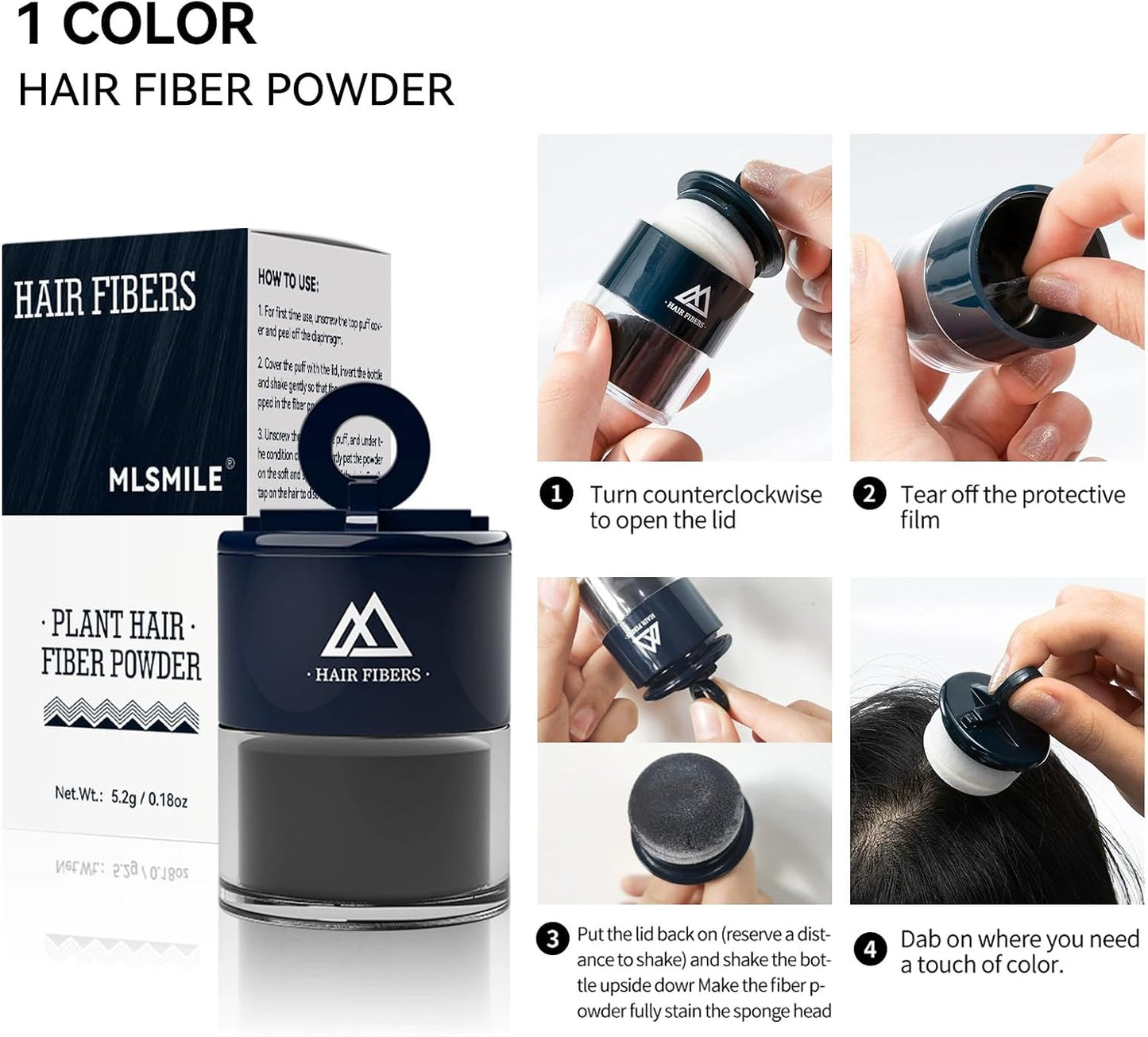Black Hair Building Fibers - Loss Concealing Powder Spray for Thinning - Solution for Women and Men, 5.2g
