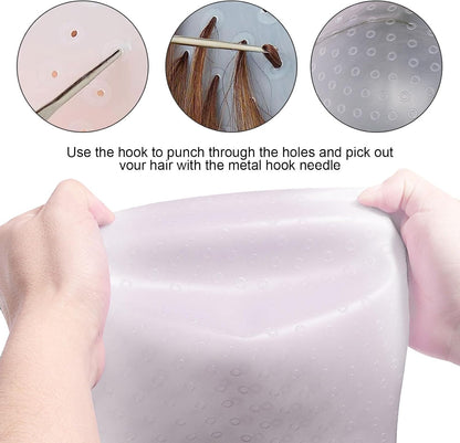 MIVAIUN 7Pcs Silicone Highlight Cap Kit Hair Color Reusable Highlighting Caps with Hook Salon Hair Dye Comb Hair Dye Brushes Shawl Gloves, Frosting Cap Set for Dyeing Hair (7Pcs)