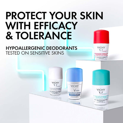 Vichy Deodorant 48 Hr Anti-Perspirant Roll-On For Daily Use on Sensitive Skin, No Trace, White Marks or Yellow Stains, Hypoallergenic, Paraben Free, and Alcohol-Free, 50ml