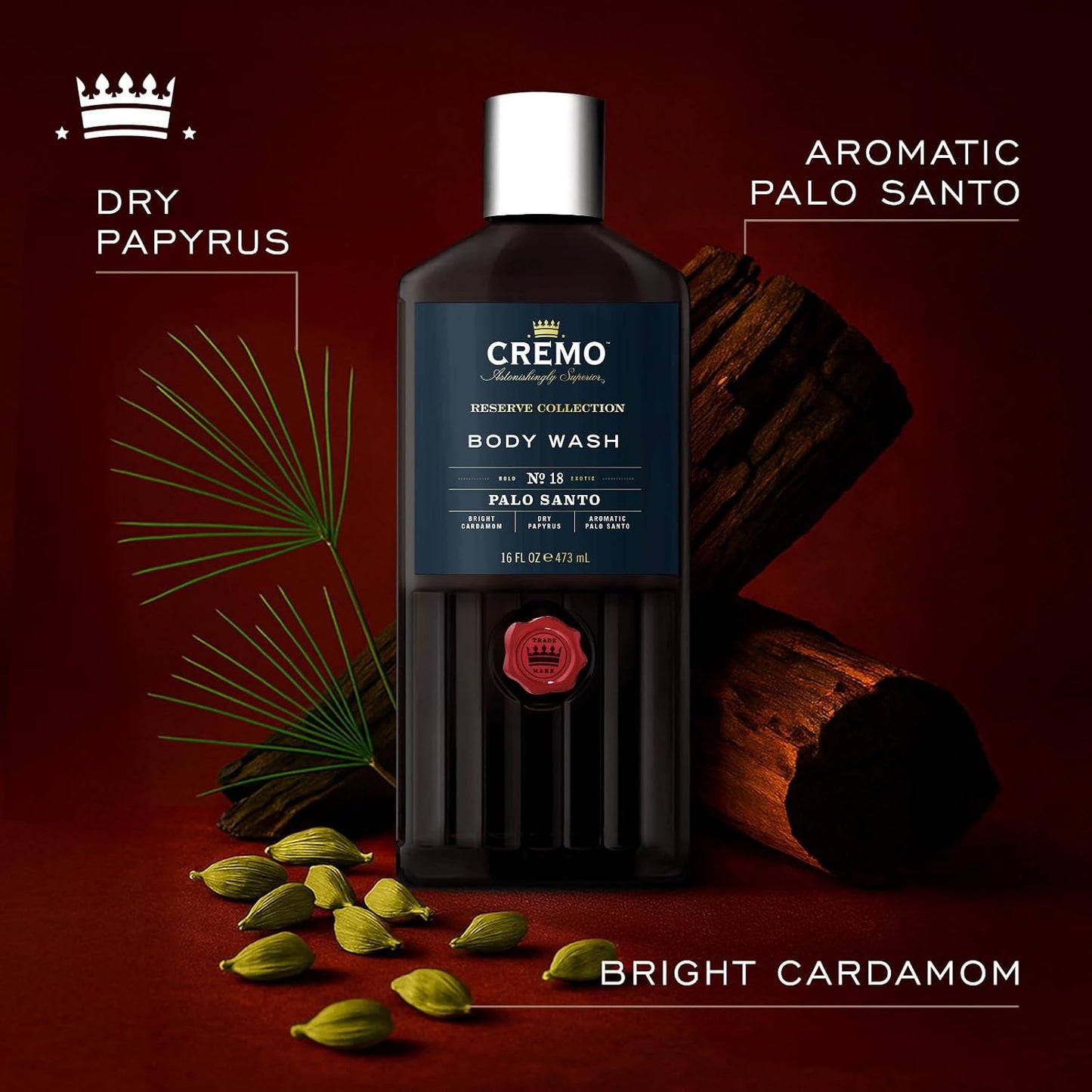 Cremo Reserve Collection Body Wash, Men's Shower Gel for Body Skin Care, Palo Santo Luxury Fragrance, 473 ml