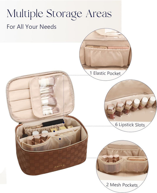 Prite Makeup Bag Toiletry Case for Women with Brush Holder, Brown, Standard | Travel Essentials, Cosmetic Organiser, Multi-Compartments, Detachable Divider, Water-Resistant Faux Leather, Durable Handle