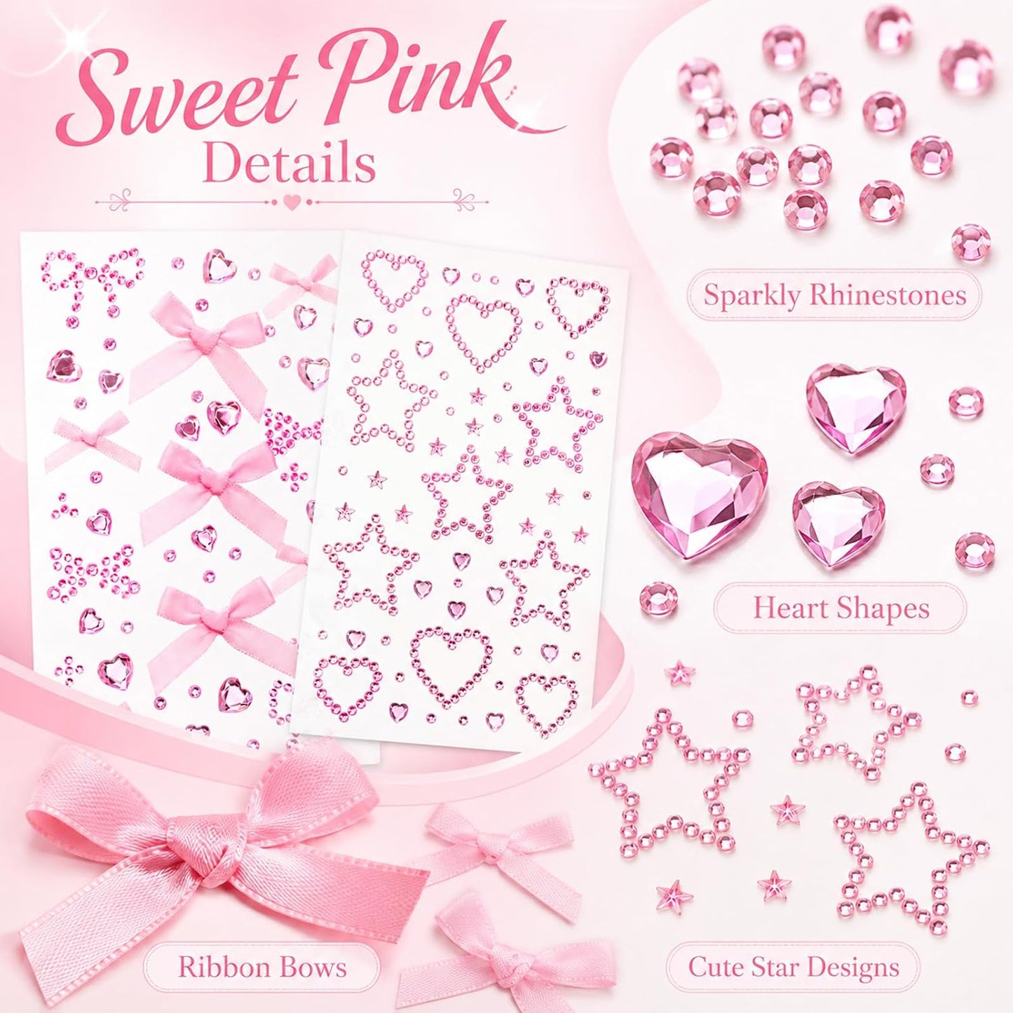 2 Sheets Pink Face Gems, Self-Adhesive Rhinestones for Makeup, Stick on Rhinestones Stickers Tattoos Makeup Gems for Women Face Hair Body Decoration