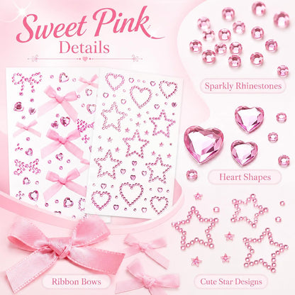 2 Sheets Pink Face Gems, Self-Adhesive Rhinestones for Makeup, Stick on Rhinestones Stickers Tattoos Makeup Gems for Women Face Hair Body Decoration