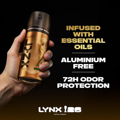 Lynx Limited-Edition FIFA Fine Fragrance Collection Marshmallow Smoke Premium Body Spray men's deodorant infused with a vanilla, hazelnut &amp; dark musk scent for 72 hours of freshness 150 ml