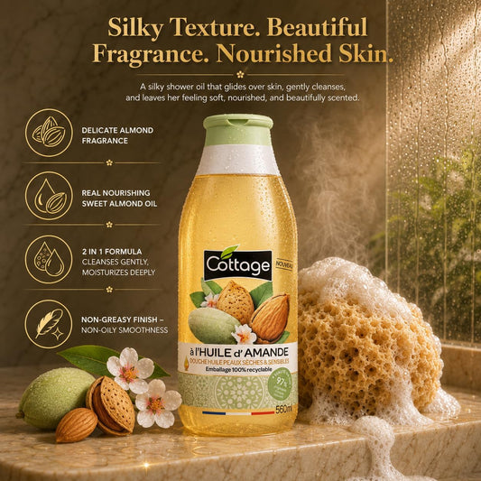 Cottage Almond Shower Oil - 560ml | 97% Natural Ingredients &amp; Glycerin | Paraben-Free, Dermatologically Tested | Extra-Nourishing &amp; Moisturising Cleansing Oil Body Wash for Dry &amp; Sensitive Skin