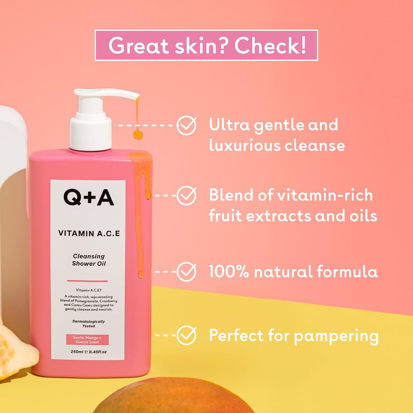 Q+A Vitamin A.C.E Cleansing Shower Oil (250ml), Cleansing Oil Shower Gel Alternative, Body Care, Hydrating Body Wash with Berry &amp; Sea Buckthorn Oils, Tropical Mango &amp; Guava Scent, Moisturises, Soothes