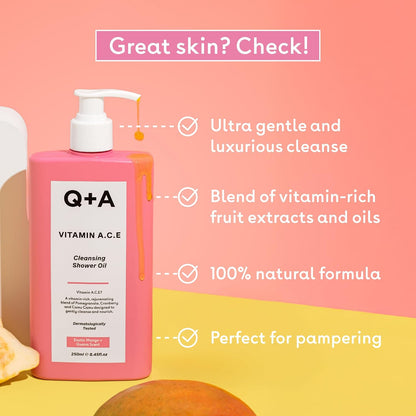 Q+A Vitamin A.C.E Cleansing Shower Oil (250ml), Cleansing Oil Shower Gel Alternative, Body Care, Hydrating Body Wash with Berry &amp; Sea Buckthorn Oils, Tropical Mango &amp; Guava Scent, Moisturises, Soothes