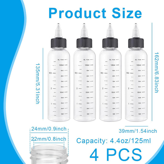 4Pcs Hair Oil Applicator Bottle, with Graduated Scale Hair Dye Applicator Bottle Twist-On Top Tip Cap Empty Plastic Hairs Color Oil Bottles for Salon Hairs Care Coloring Paint Art Glue