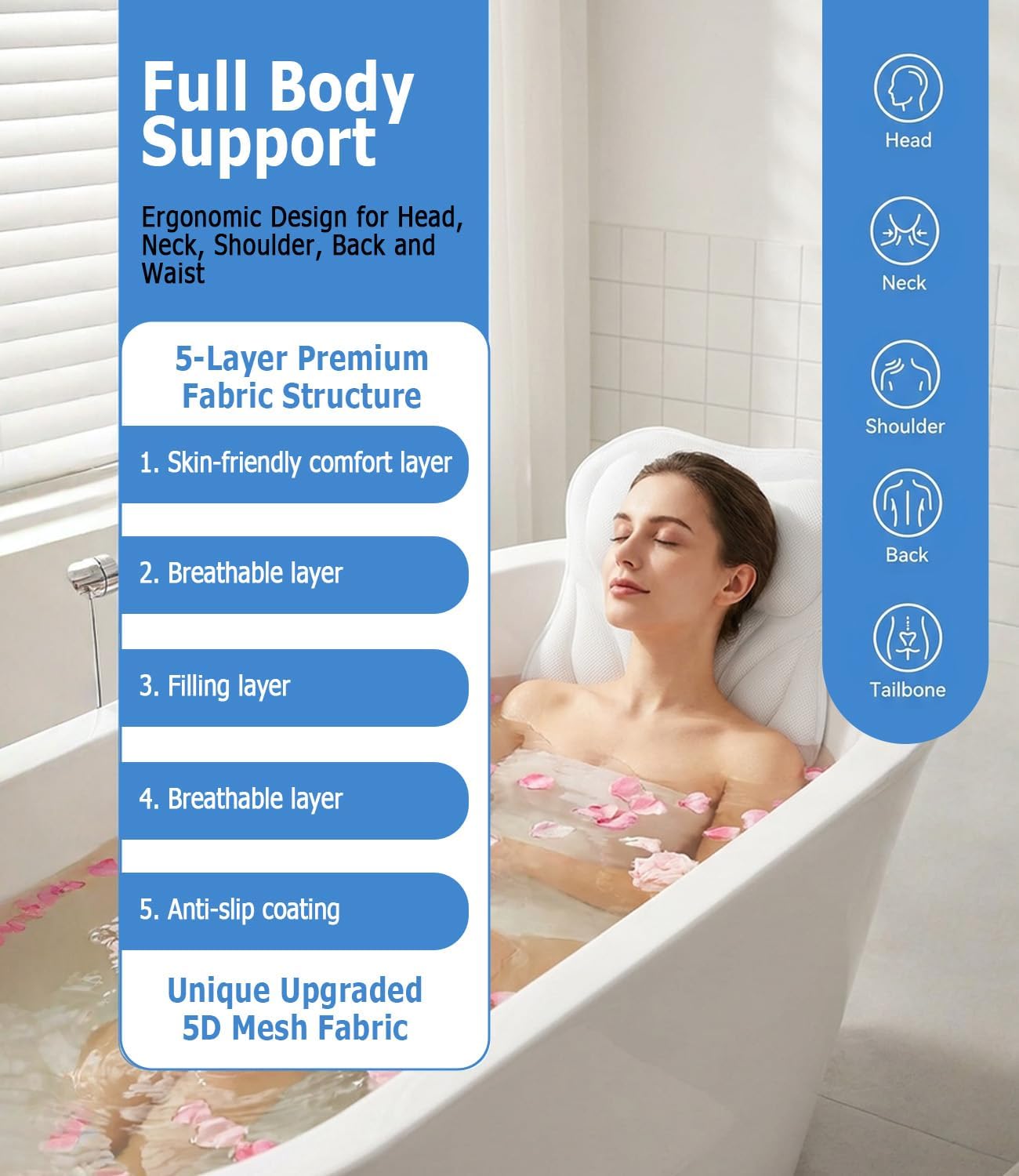 Full Body Bath Pillow for Bathtub: Ergonomic Design Support Bath Mat with Pillow 5D Air Mesh and 16 Powerful Suction Cups for Women Home Tub Relaxing Spa Fits All Bathtub