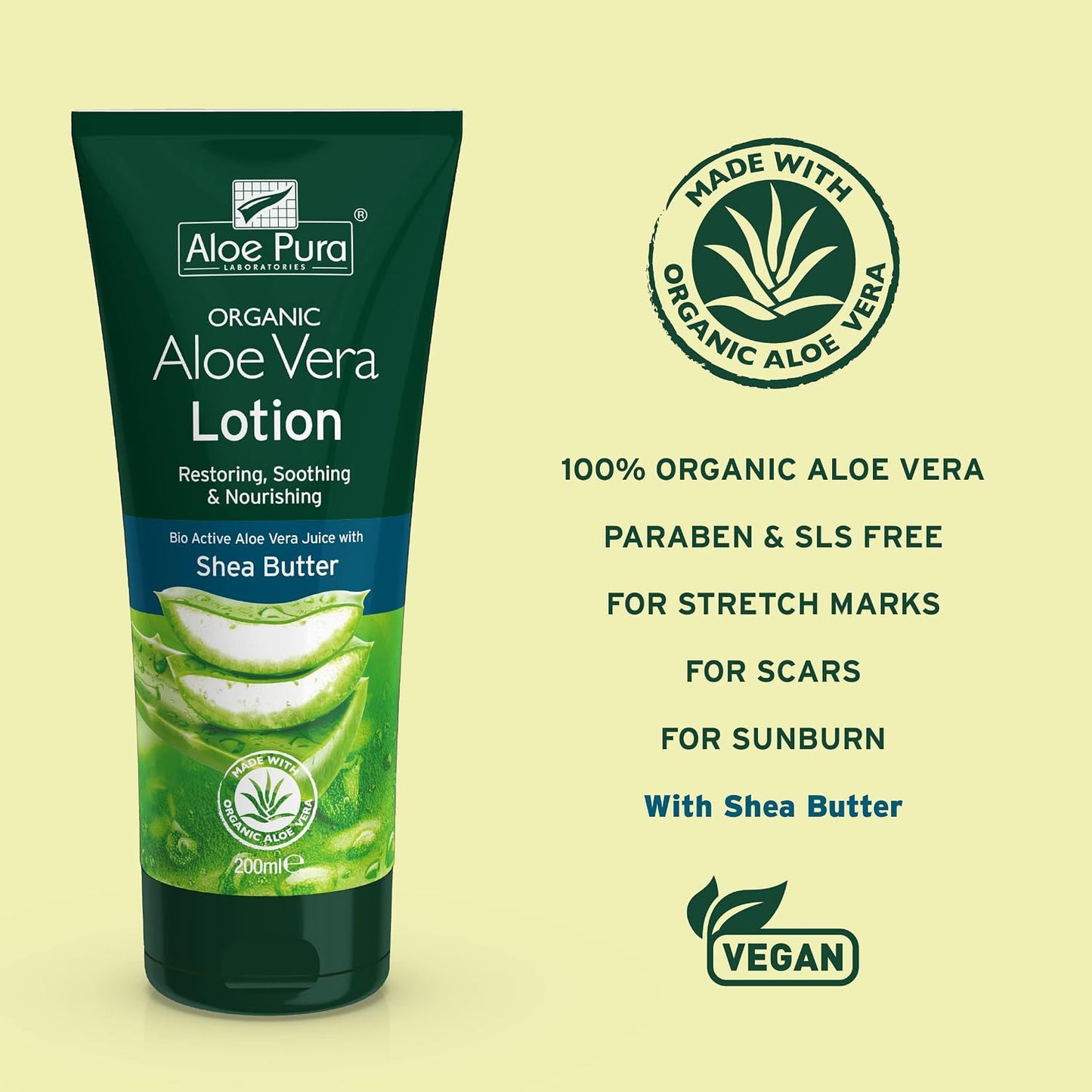 Aloe Pura Organic Aloe Vera Lotion, Natural, Vegetarian, Cruelty Free, Paraben &amp; SLS Free, Soothing, Moisturising, 200 ml