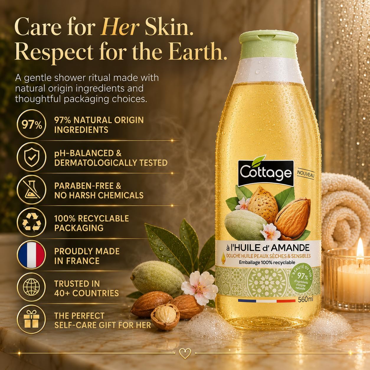 Cottage Almond Shower Oil - 560ml | 97% Natural Ingredients &amp; Glycerin | Paraben-Free, Dermatologically Tested | Extra-Nourishing &amp; Moisturising Cleansing Oil Body Wash for Dry &amp; Sensitive Skin